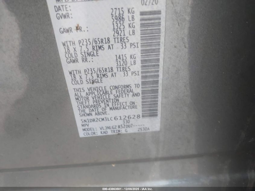 2020 Nissan Pathfinder Sl 4Wd VIN: 5N1DR2CM3LC612628 Lot: 43863581