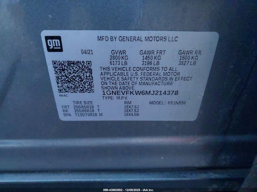 2021 Chevrolet Traverse Awd Ls VIN: 1GNEVFKW6MJ214378 Lot: 43863582