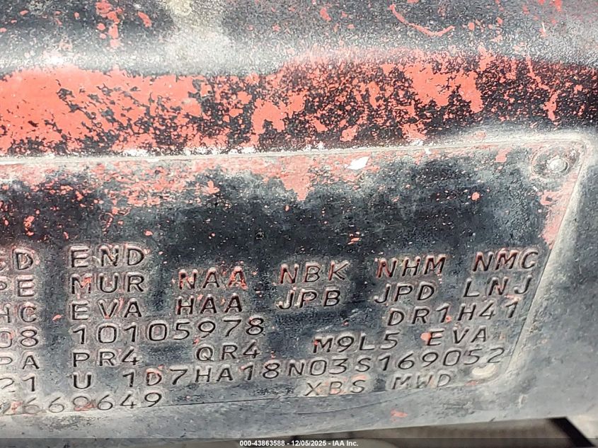 2003 Dodge Ram 1500 Slt/Laramie/St VIN: 1D7HA18N03S169052 Lot: 43863588