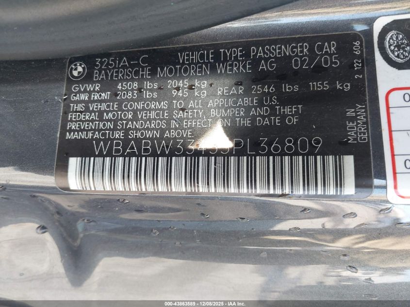 2005 BMW 325Ci VIN: WBABW33435PL36809 Lot: 43863589