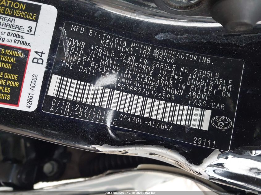 2007 Toyota Avalon Xls VIN: 4T1BK36B27U174583 Lot: 43863597