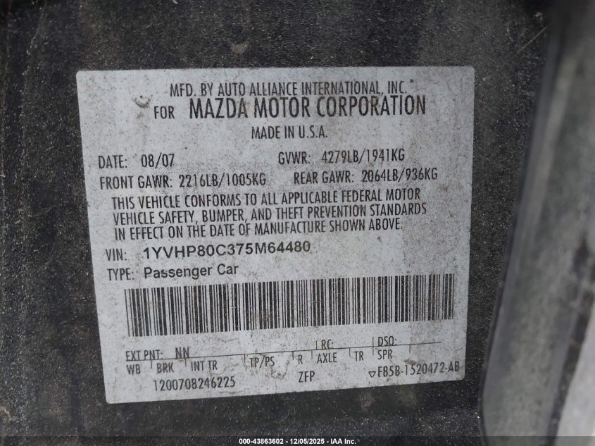 2007 Mazda Mazda6 I Sport Ve VIN: 1YVHP80C375M64480 Lot: 43863602