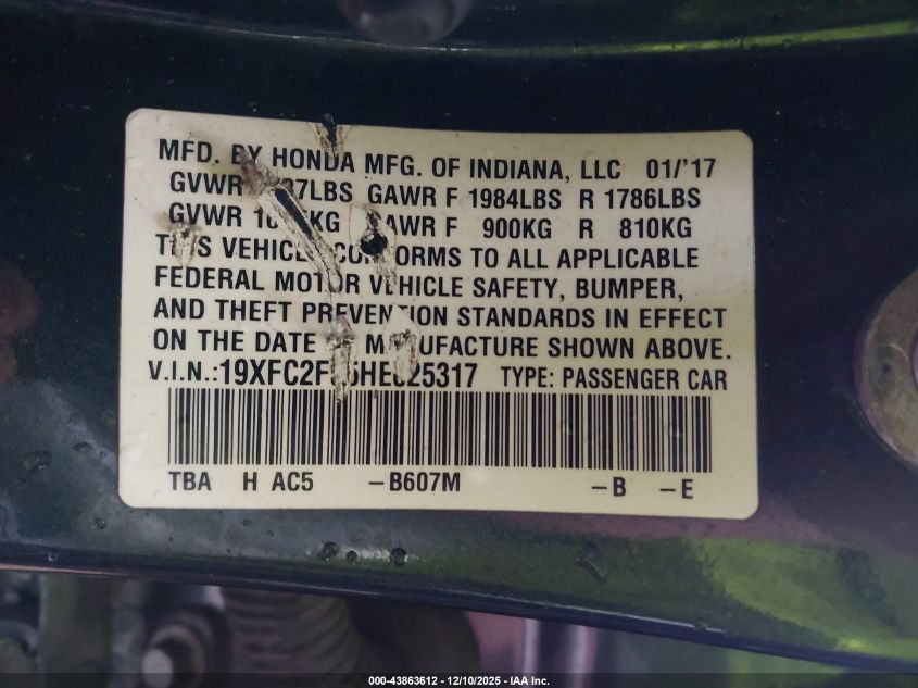 2017 Honda Civic Lx VIN: 19XFC2F55HE025317 Lot: 43863612