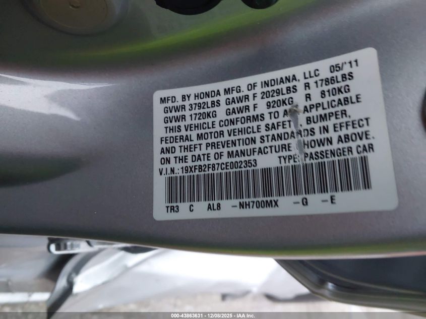 2012 Honda Civic Ex VIN: 19XFB2F87CE002353 Lot: 43863631