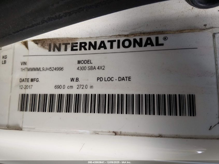 2018 International Durastar 4300 VIN: 1HTMMMML9JH524996 Lot: 43863641