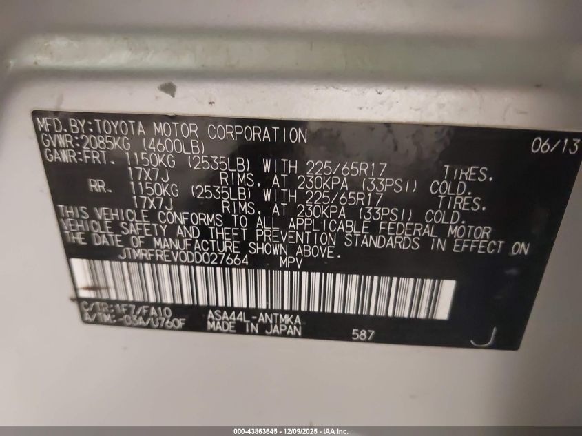 2013 Toyota Rav4 Xle VIN: JTMRFREV0DD027664 Lot: 43863645