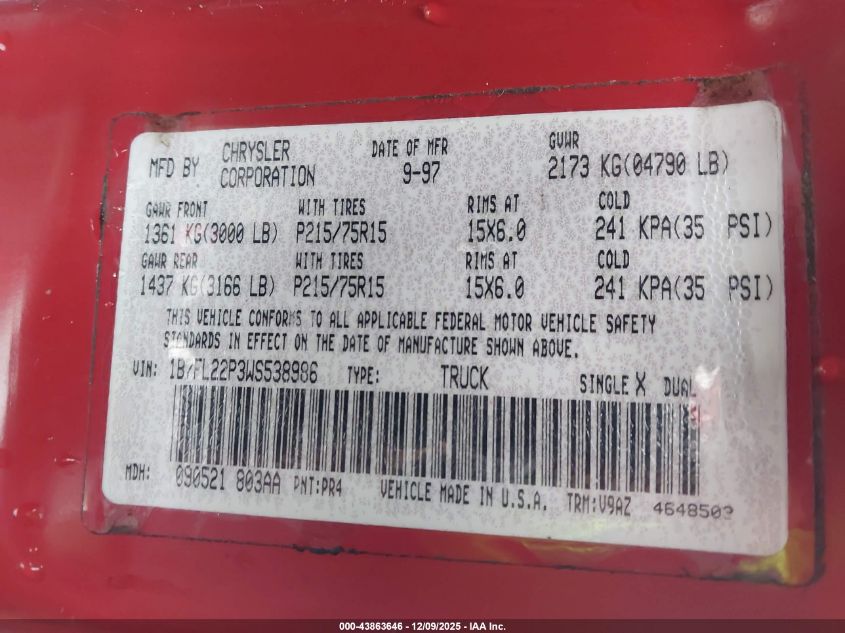1998 Dodge Dakota Slt/Sport VIN: 1B7FL22P3WS538986 Lot: 43863646