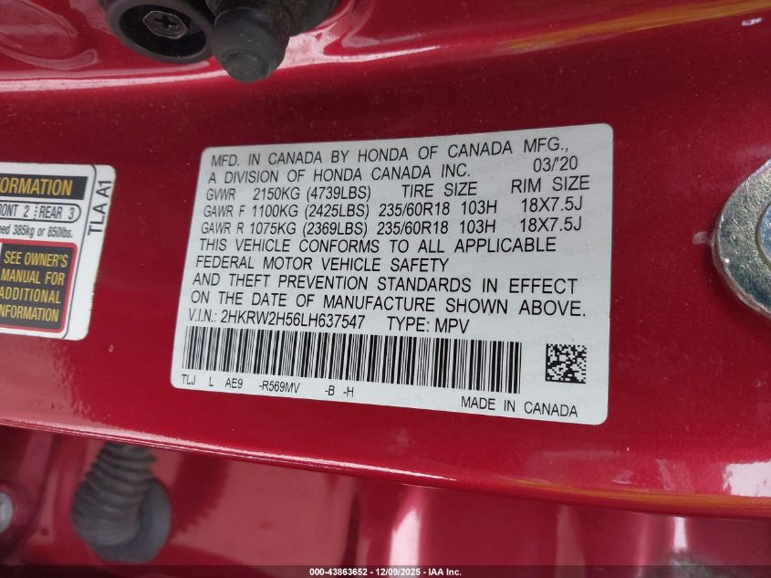 2020 Honda Cr-V Awd Ex VIN: 2HKRW2H56LH637547 Lot: 43863652