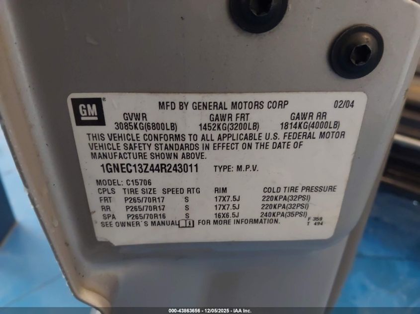 2004 Chevrolet Tahoe Lt VIN: 1GNEC13Z44R243011 Lot: 43863656