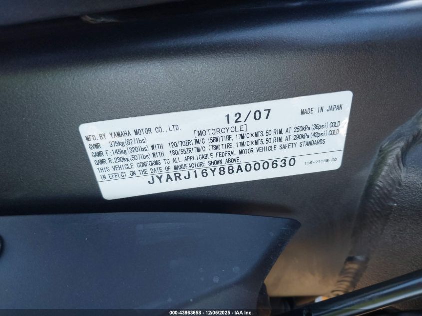 2008 Yamaha Yzfr6 VIN: JYARJ16Y88A000630 Lot: 43863658