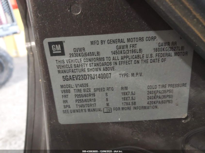 2009 Buick Enclave Cxl VIN: 5GAEV23D79J140007 Lot: 43863659