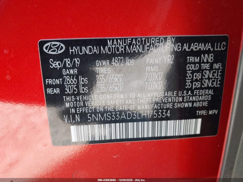 2020 Hyundai Santa Fe Sel VIN: 5NMS33AD3LH175334 Lot: 43863666
