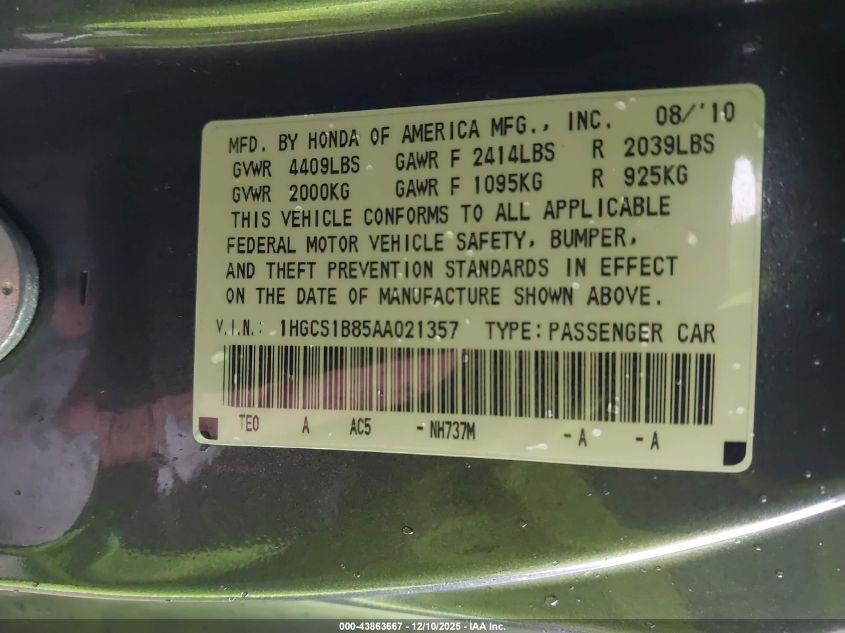 2010 Honda Accord 2.4 Ex-L VIN: 1HGCS1B85AA021357 Lot: 43863667