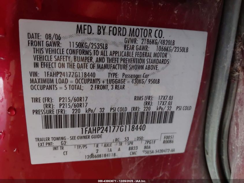 2007 Ford Five Hundred Sel VIN: 1FAHP24177G118440 Lot: 43863671