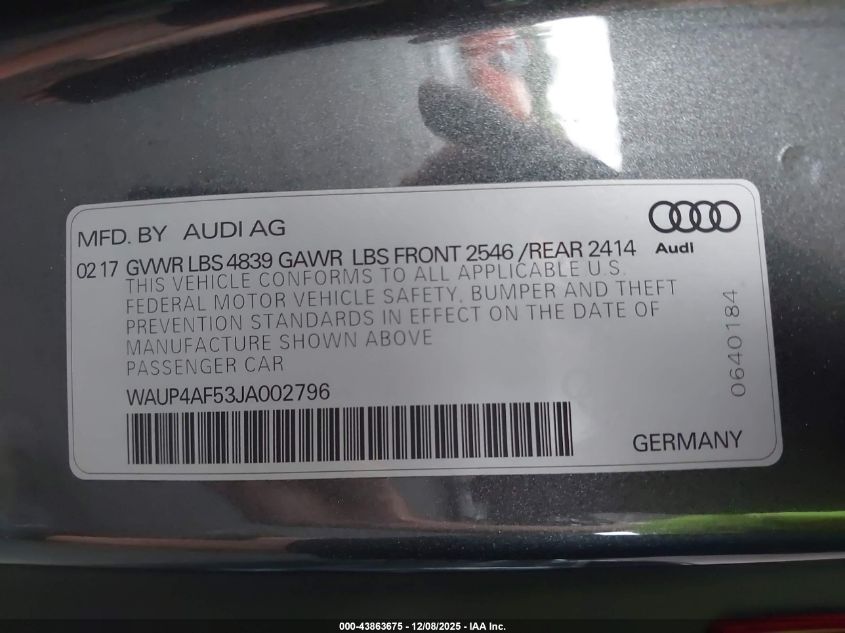2018 Audi S5 3.0T Premium Plus VIN: WAUP4AF53JA002796 Lot: 43863675