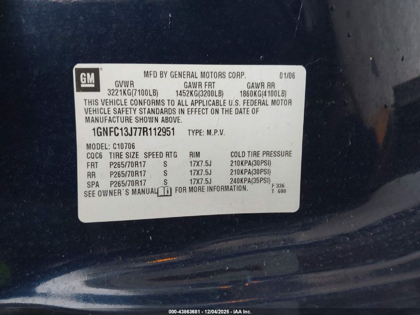 2007 Chevrolet Tahoe Lt VIN: 1GNFC13J77R112951 Lot: 43863681