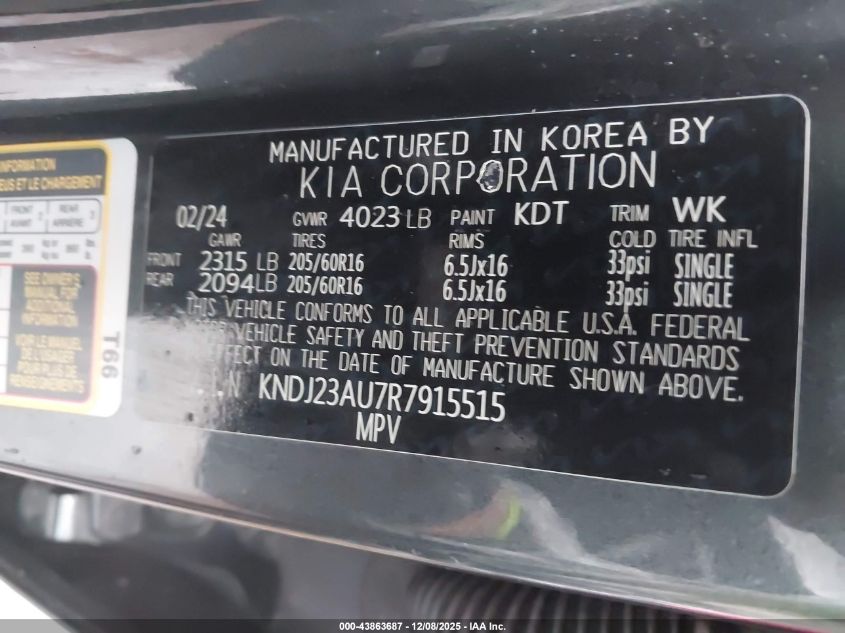 2024 Kia Soul Lx VIN: KNDJ23AU7R7915515 Lot: 43863687