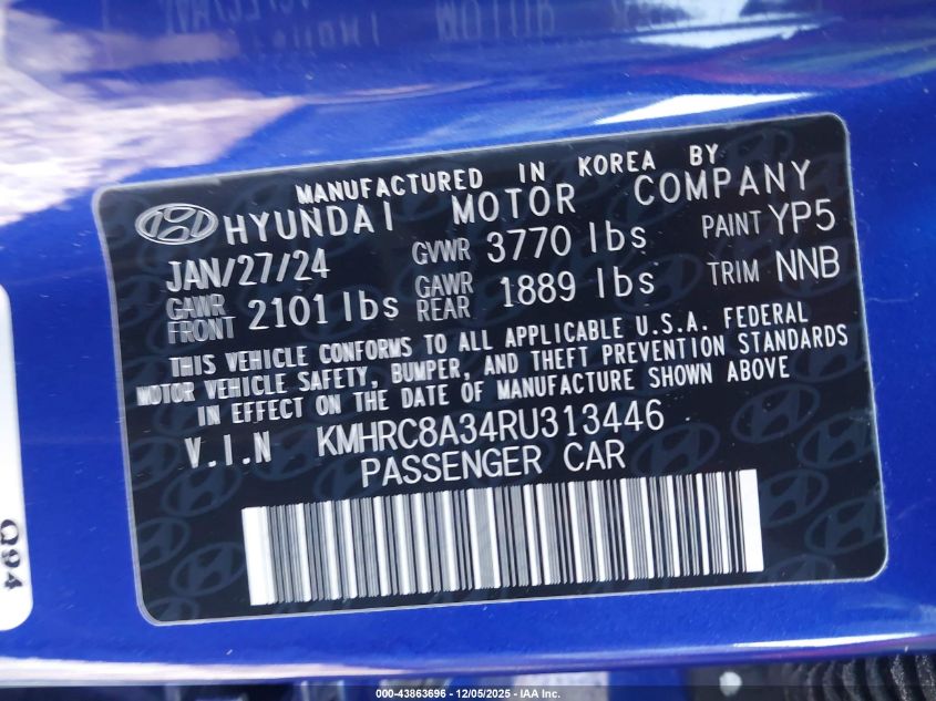 2024 Hyundai Venue Limited VIN: KMHRC8A34RU313446 Lot: 43863696