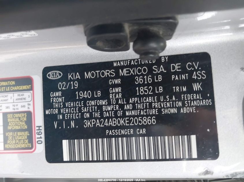 2019 Kia Rio S VIN: 3KPA24AB0KE205866 Lot: 43863700