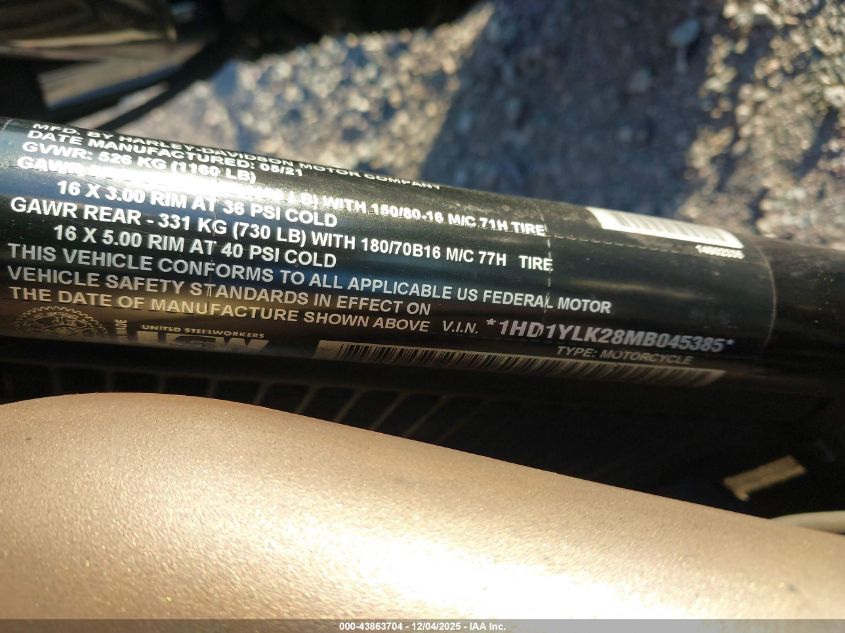 2021 Harley-Davidson Fxfbs VIN: 1HD1YLK28MB045385 Lot: 43863704
