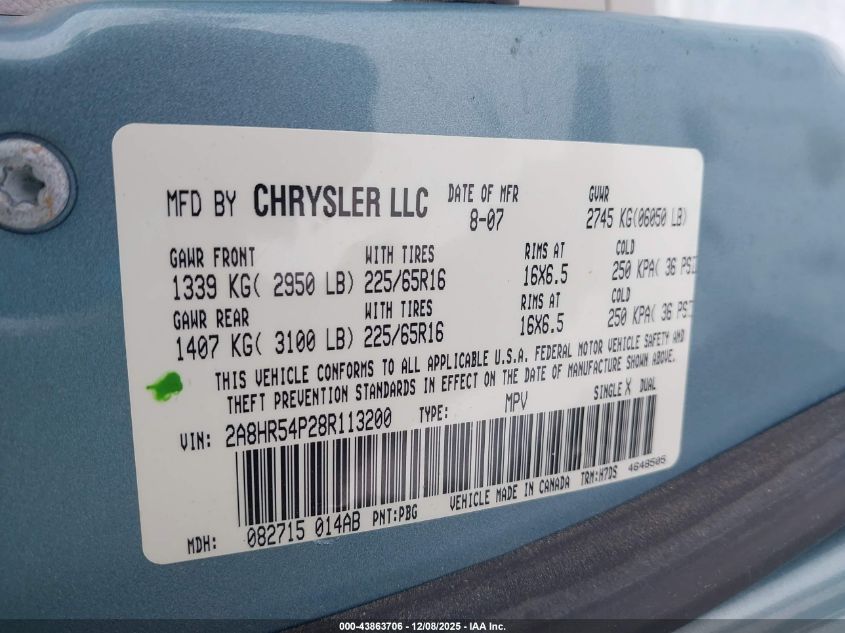 2008 Chrysler Town & Country Touring VIN: 2A8HR54P28R113200 Lot: 43863706