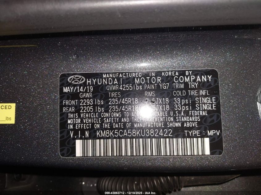 2019 Hyundai Kona Ultimate VIN: KM8K5CA58KU382422 Lot: 43863712