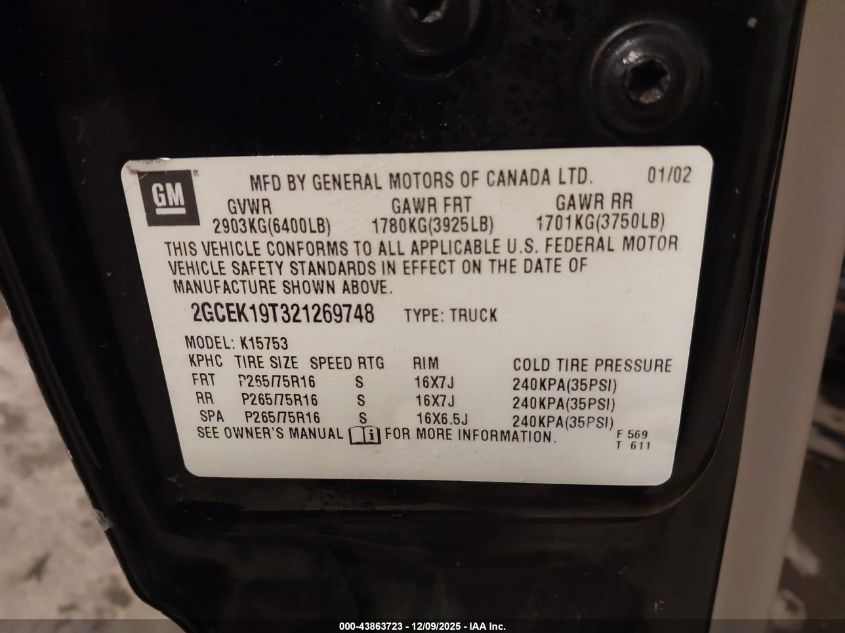 2002 Chevrolet Silverado 1500 Lt VIN: 2GCEK19T321269748 Lot: 43863723