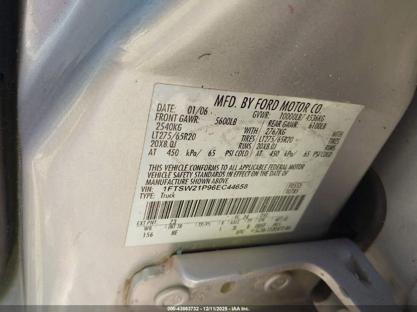 2006 Ford F-250 Lariat/Xl/Xlt VIN: 1FTSW21P96EC44658 Lot: 43863732