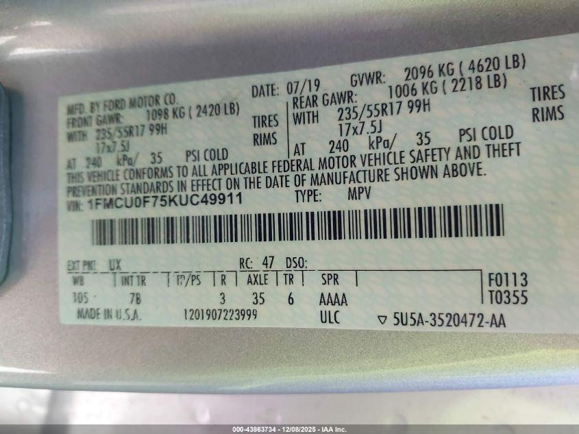 2019 Ford Escape S VIN: 1FMCU0F75KUC49911 Lot: 43863734