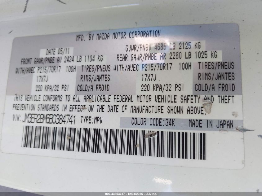 2011 Mazda Cx-7 I Sport VIN: JM3ER2BM6B0384741 Lot: 43863737