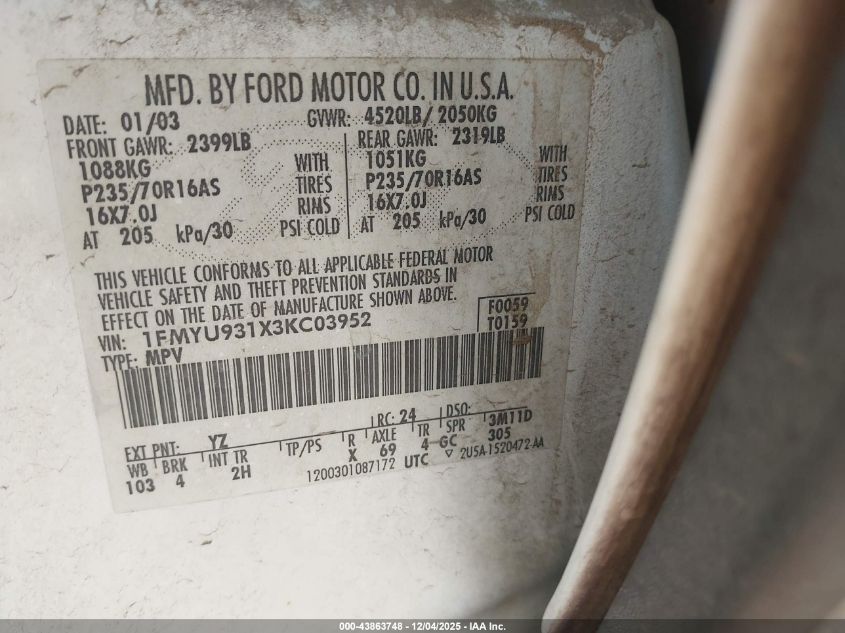 2003 Ford Escape Xlt VIN: 1FMYU931X3KC03952 Lot: 43863748