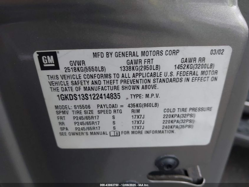 2002 GMC Envoy Slt VIN: 1GKDS13S122414835 Lot: 43863750