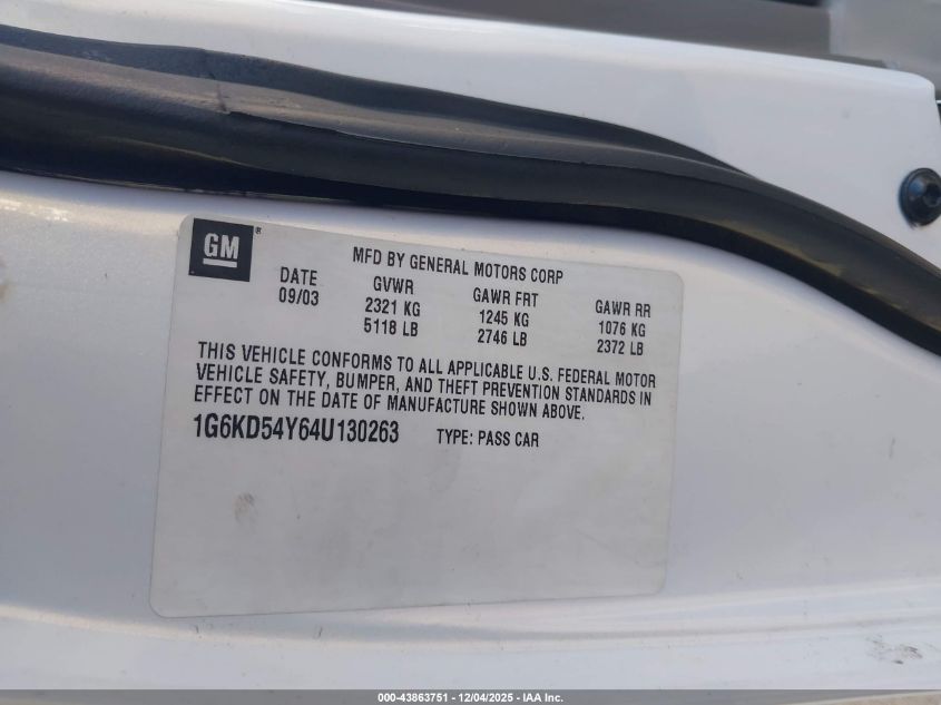 2004 Cadillac Deville Standard VIN: 1G6KD54Y64U130263 Lot: 43863751