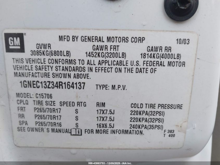 2004 Chevrolet Tahoe Ls VIN: 1GNEC13Z34R164137 Lot: 43863753