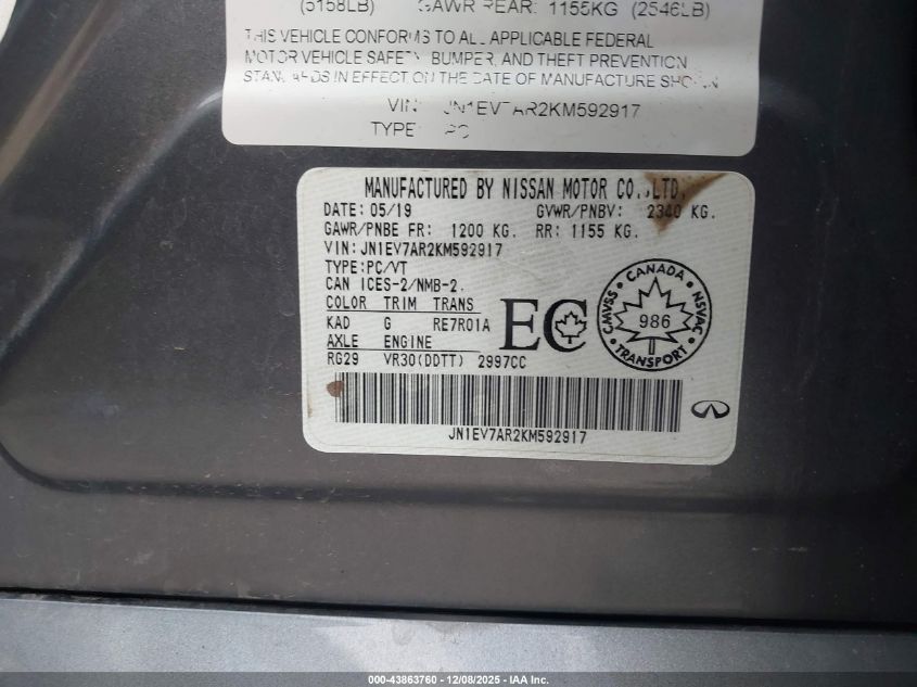 2019 Infiniti Q50 3.0T Luxe/3.0T Signature Edition/3.0T Sport VIN: JN1EV7AR2KM592917 Lot: 43863760