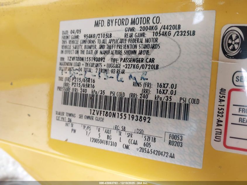 2005 Ford Mustang V6 Deluxe/V6 Premium VIN: 1ZVFT80N155193892 Lot: 43863763