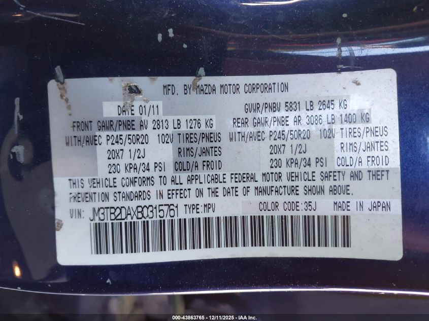 2011 Mazda Cx-9 Grand Touring VIN: JM3TB2DAXB0315761 Lot: 43863765