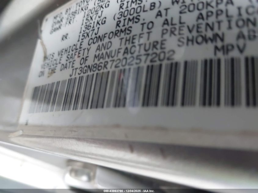 2002 Toyota 4Runner Sr5 V6 VIN: JT3GN86R720257202 Lot: 43863766