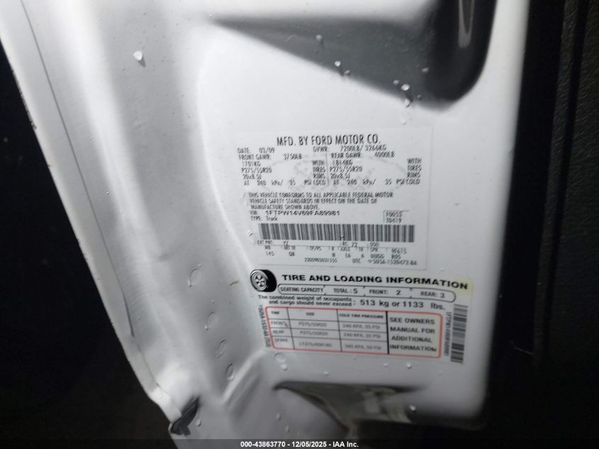 2009 Ford F-150 Fx4/King Ranch/Lariat/Platinum/Xl/Xlt VIN: 1FTPW14V69FA89981 Lot: 43863770