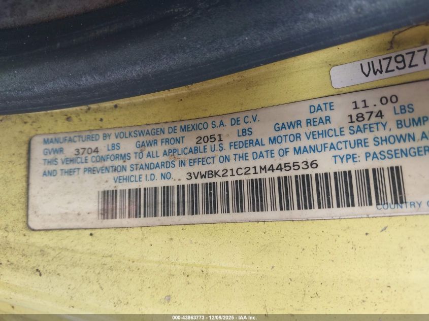 2001 Volkswagen New Beetle Gl VIN: 3VWBK21C21M445536 Lot: 43863773