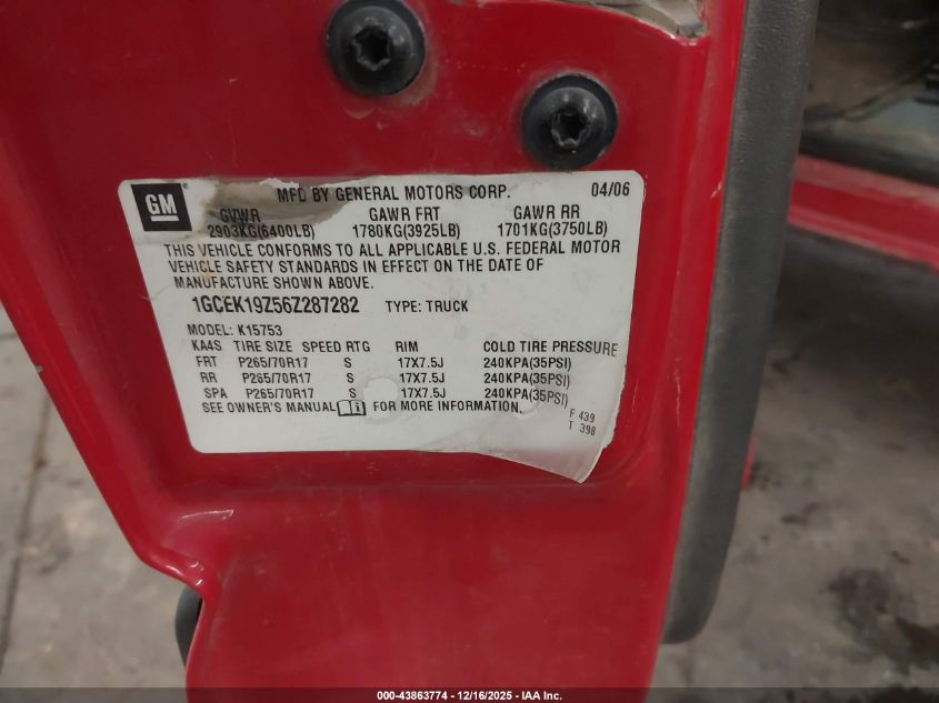 2006 Chevrolet Silverado 1500 Lt3 VIN: 1GCEK19Z56Z287282 Lot: 43863774
