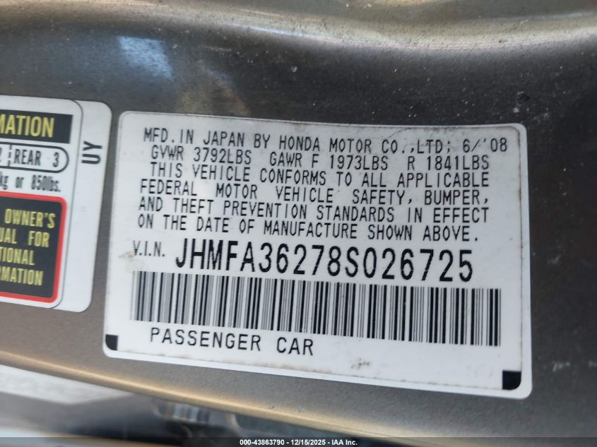 2008 Honda Civic Hybrid VIN: JHMFA36278S026725 Lot: 43863790