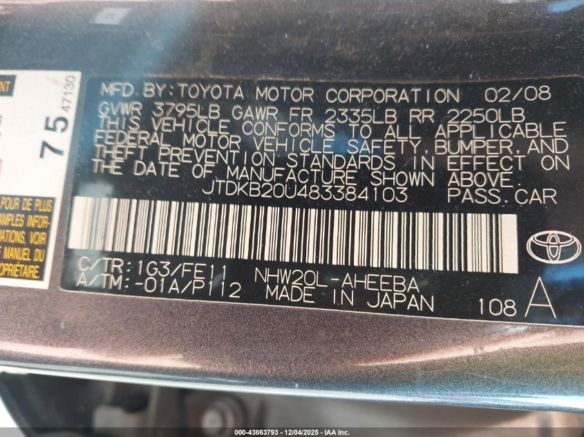 2008 Toyota Prius VIN: JTDKB20U483384103 Lot: 43863793