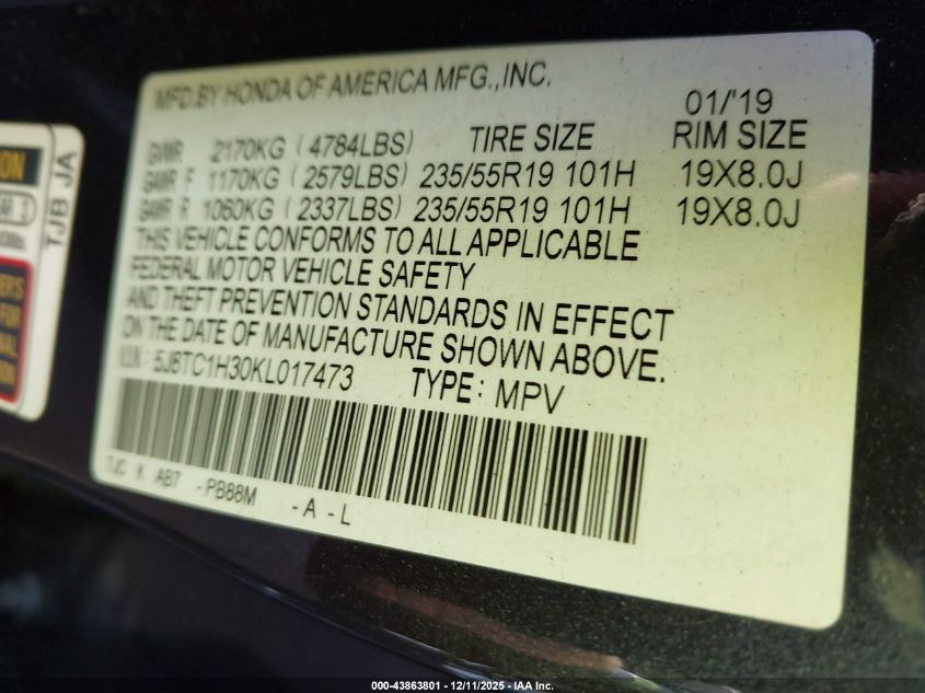 2019 Acura Rdx Standard VIN: 5J8TC1H30KL017473 Lot: 43863801