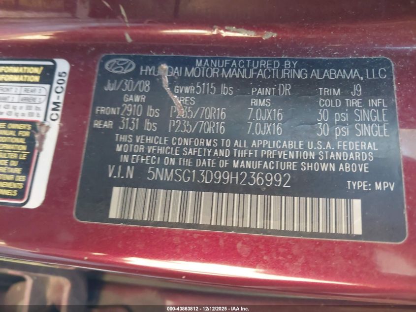 2009 Hyundai Santa Fe Gls VIN: 5NMSG13D99H236992 Lot: 43863812