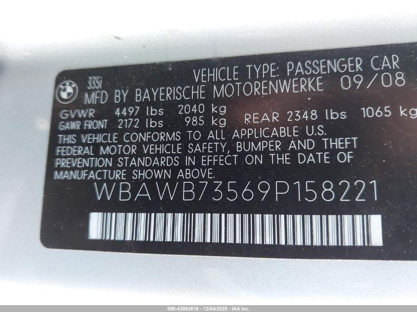 2009 BMW 335I VIN: WBAWB73569P158221 Lot: 43863816