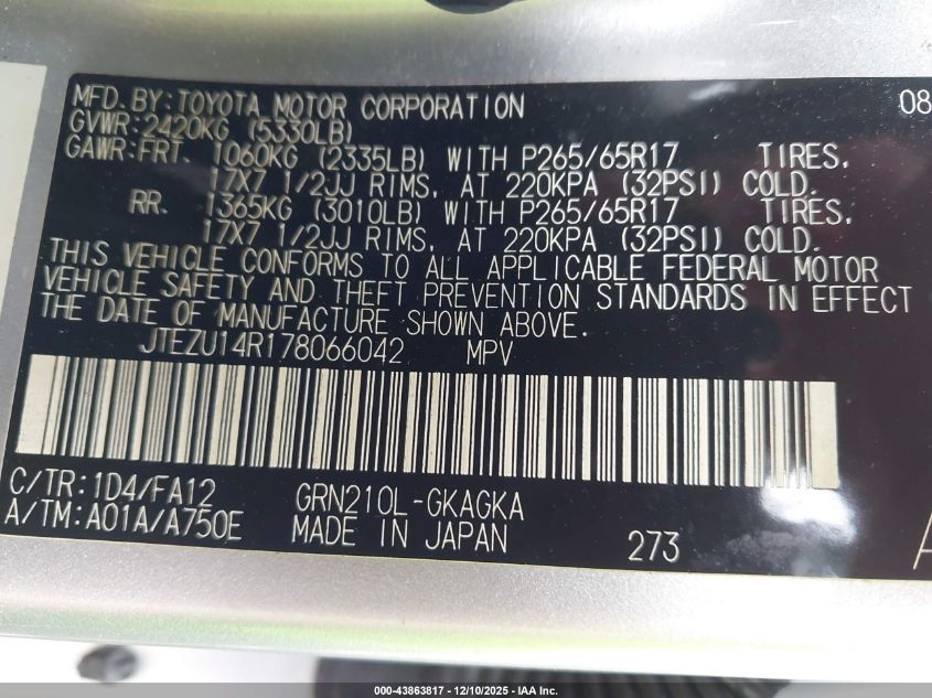 2007 Toyota 4Runner Sr5 V6 VIN: JTEZU14R178066042 Lot: 43863817