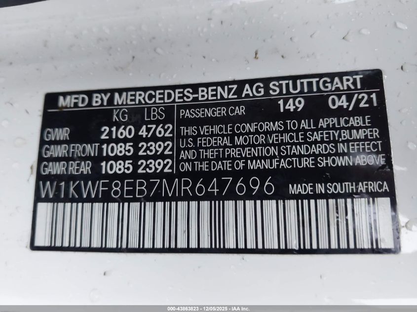 2021 Mercedes-Benz C 300 4Matic VIN: W1KWF8EB7MR647696 Lot: 43863823