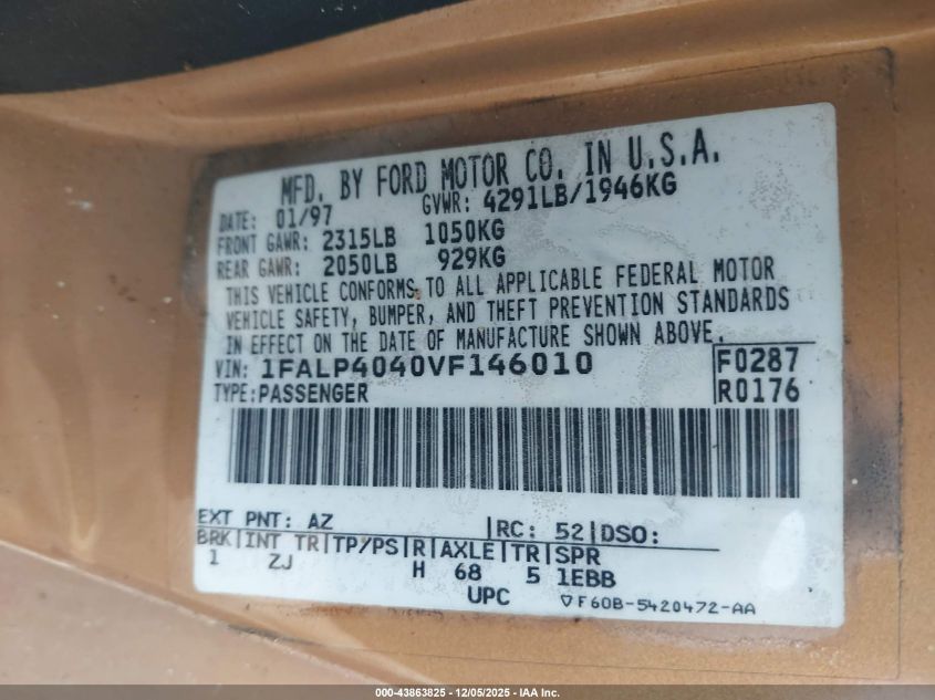 1997 Ford Mustang VIN: 1FALP4040VF146010 Lot: 43863825