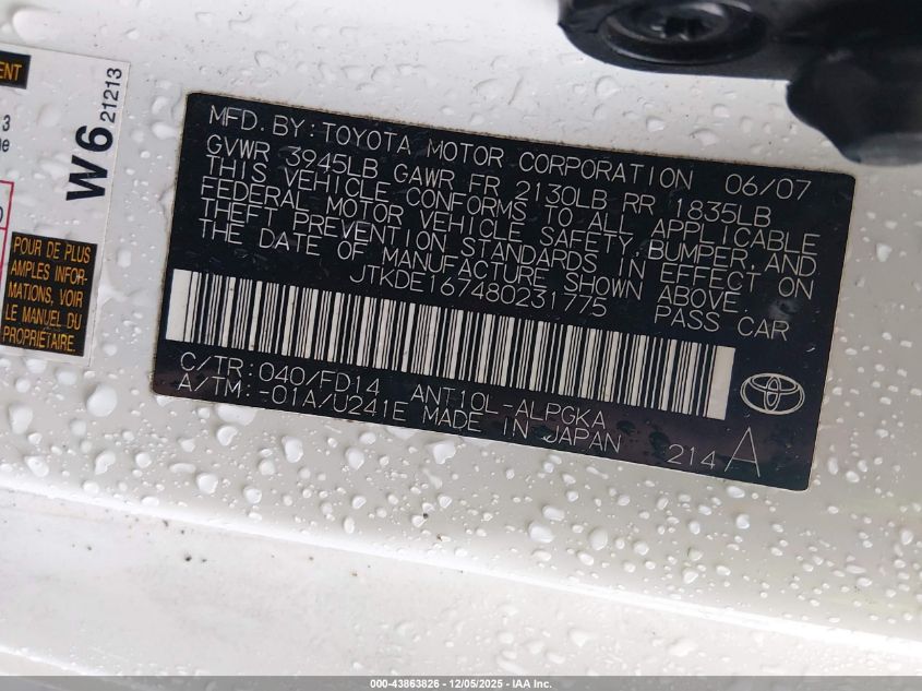 2008 Scion Tc VIN: JTKDE167480231775 Lot: 43863826